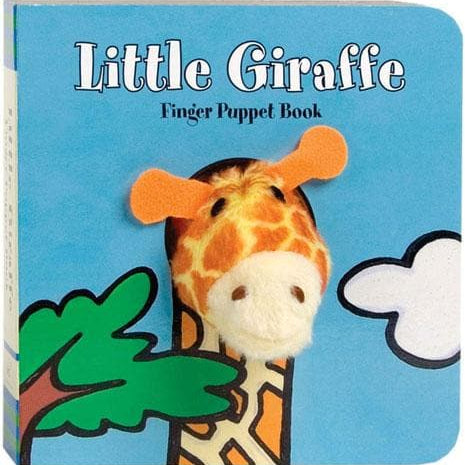 Book titled 'Little Giraffe Finger Puppet Book' with a giraffe puppet on a blue background. Availablea at Be Charmed
