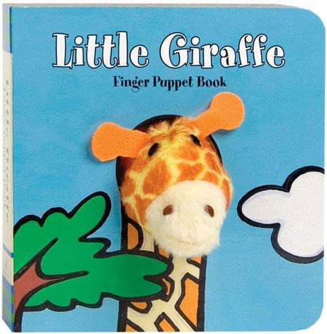 Book titled 'Little Giraffe Finger Puppet Book' with a giraffe puppet on a blue background. Availablea at Be Charmed