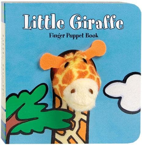 Book titled 'Little Giraffe Finger Puppet Book' with a giraffe puppet on a blue background. Availablea at Be Charmed