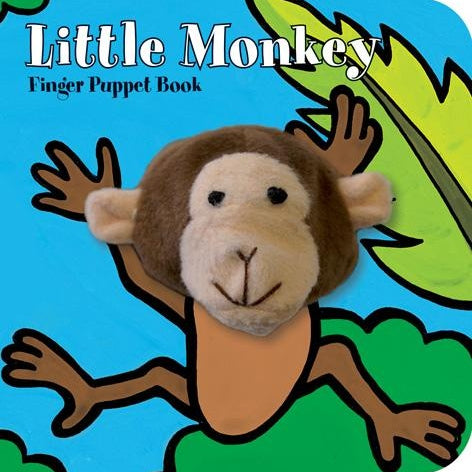 Little Monkey finger puppet board book  featuring a soft plush monkey puppet integrated into each page; encourages interactive reading and motor skill development for babies and toddlers – Available at Be Charmed