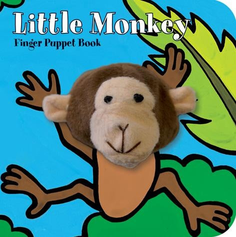 Little Monkey finger puppet board book  featuring a soft plush monkey puppet integrated into each page; encourages interactive reading and motor skill development for babies and toddlers – Available at Be Charmed