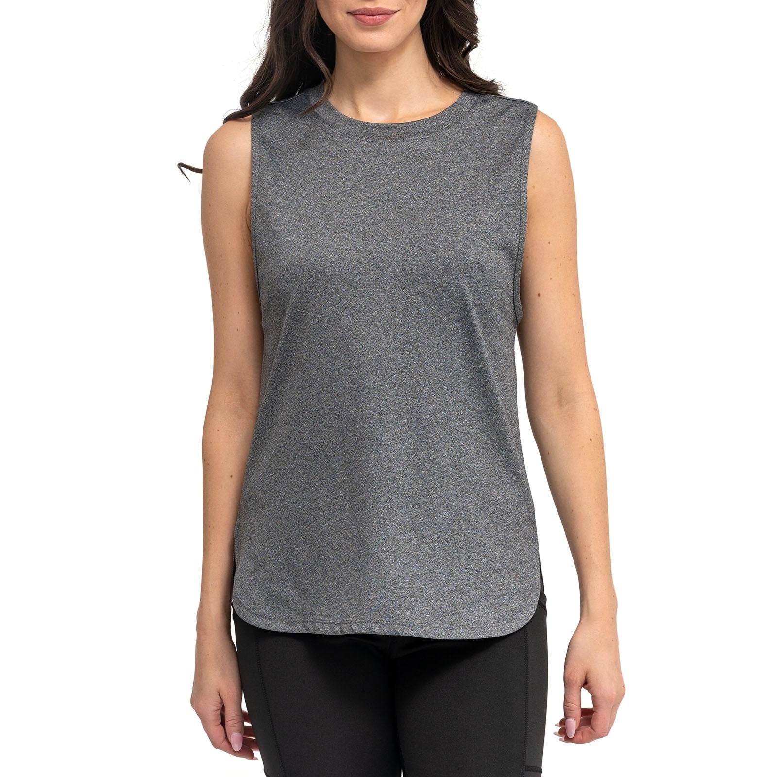 Gray FitKicks heathered performance tank top available at Be Charmed.