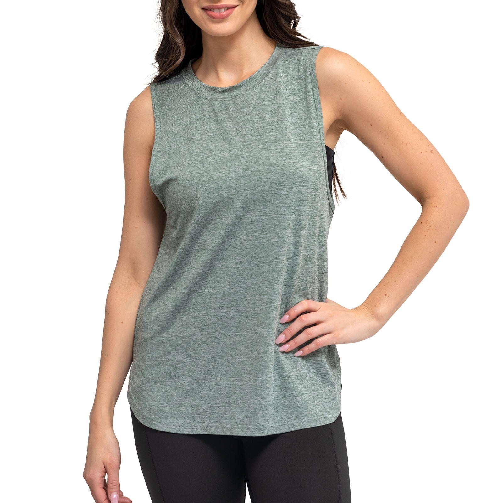 Green FitKicks heathered performance tank top available at Be Charmed.