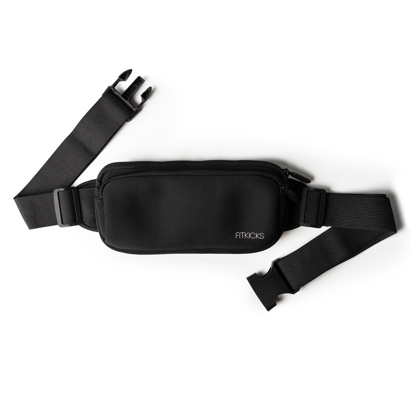 Black FitKicks FitZip slim black belt bag with adjustable elastic strap and dual pockets.