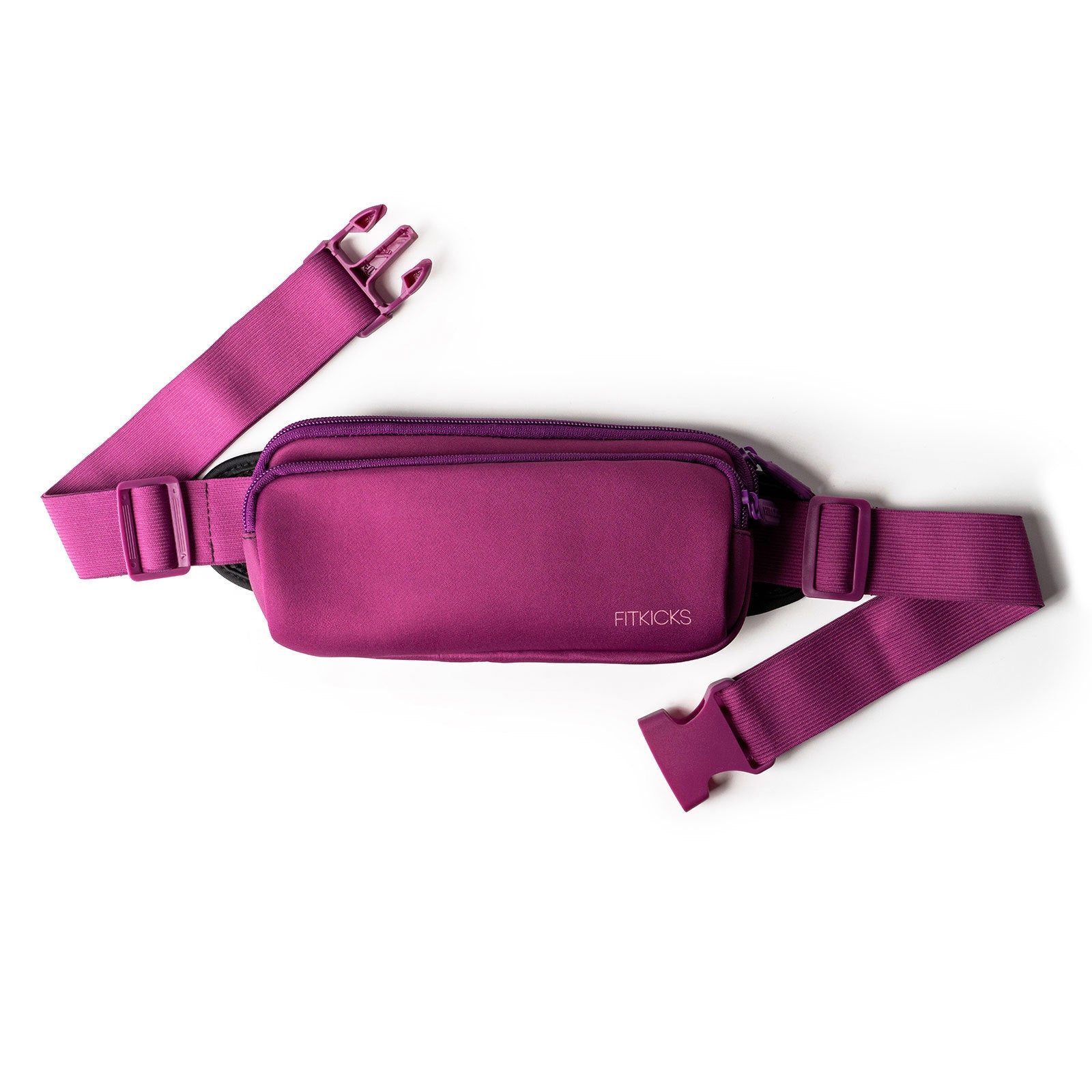 Purple FitKicks FitZip slim black belt bag with adjustable elastic strap and dual pockets.