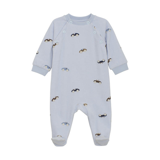 Light blue baby onesie with car pattern on a white background. Available at Be Charmed.