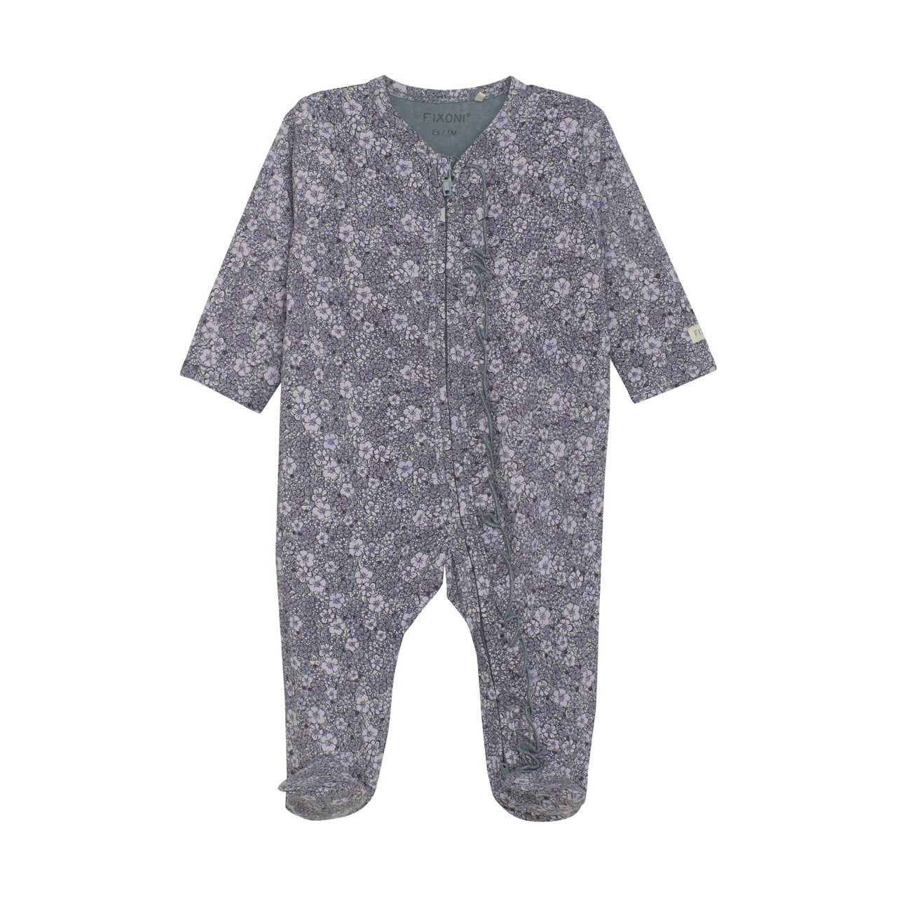 Floral patterned baby onesie on a white background. Available at Be Charmed.