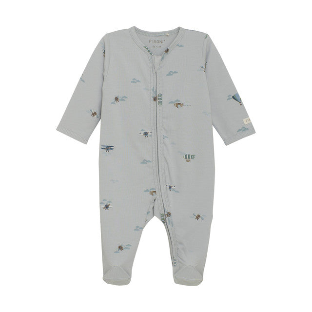 Gray baby onesie with plane prints on a white background. Available at Be Charmed. 