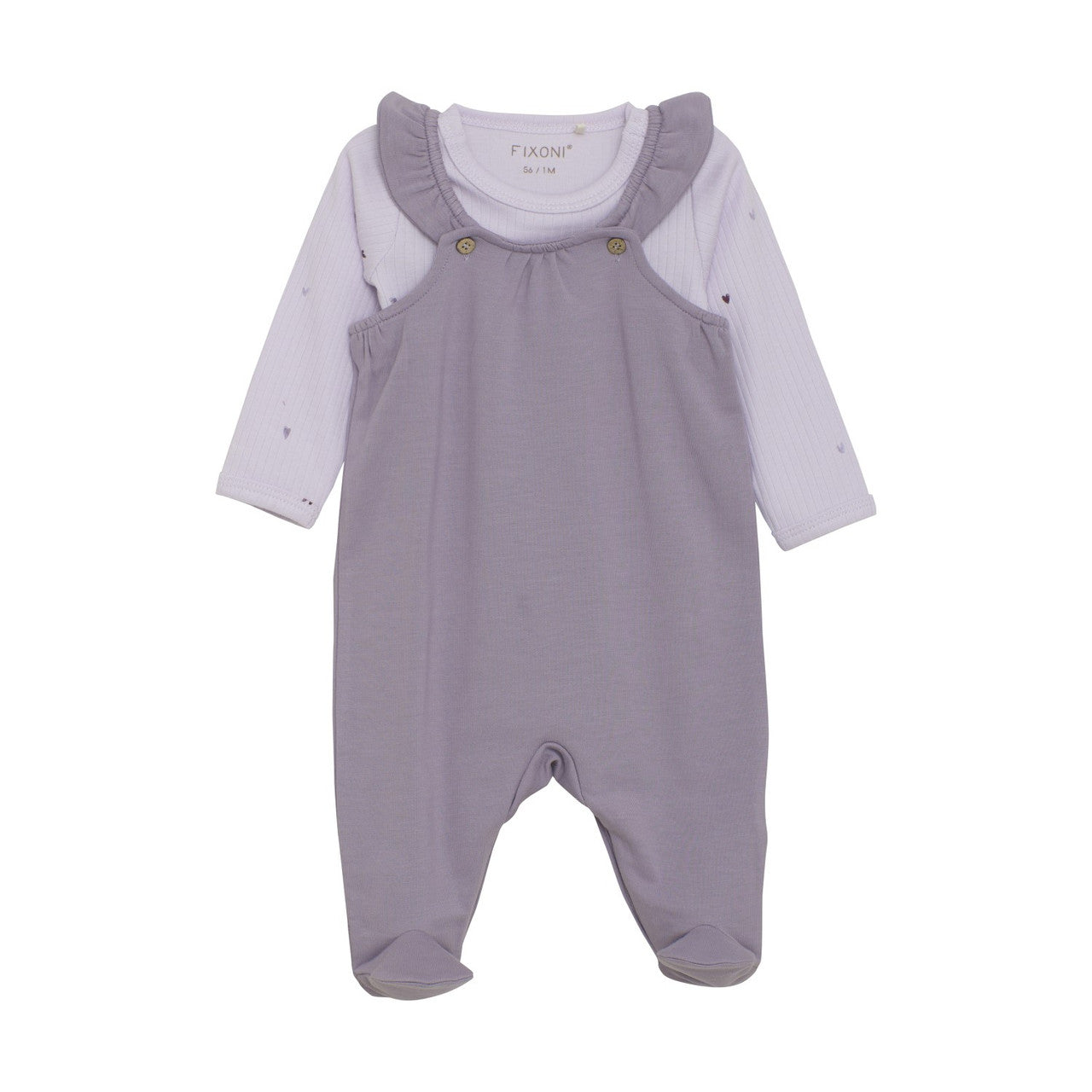 Purple baby romper with heart accents on a white background. Available at Be Charmed.
