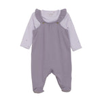 Purple baby romper with heart accents on a white background. Available at Be Charmed.