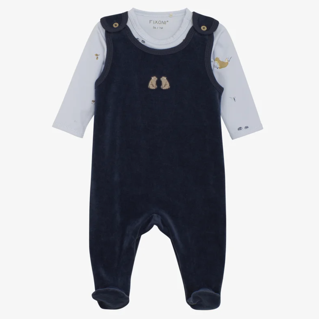 Fixoni Velour Romper in Navy Blazer. Soft and cozy baby one-piece outfit perfect for everyday comfort. Available at Be Charmed.