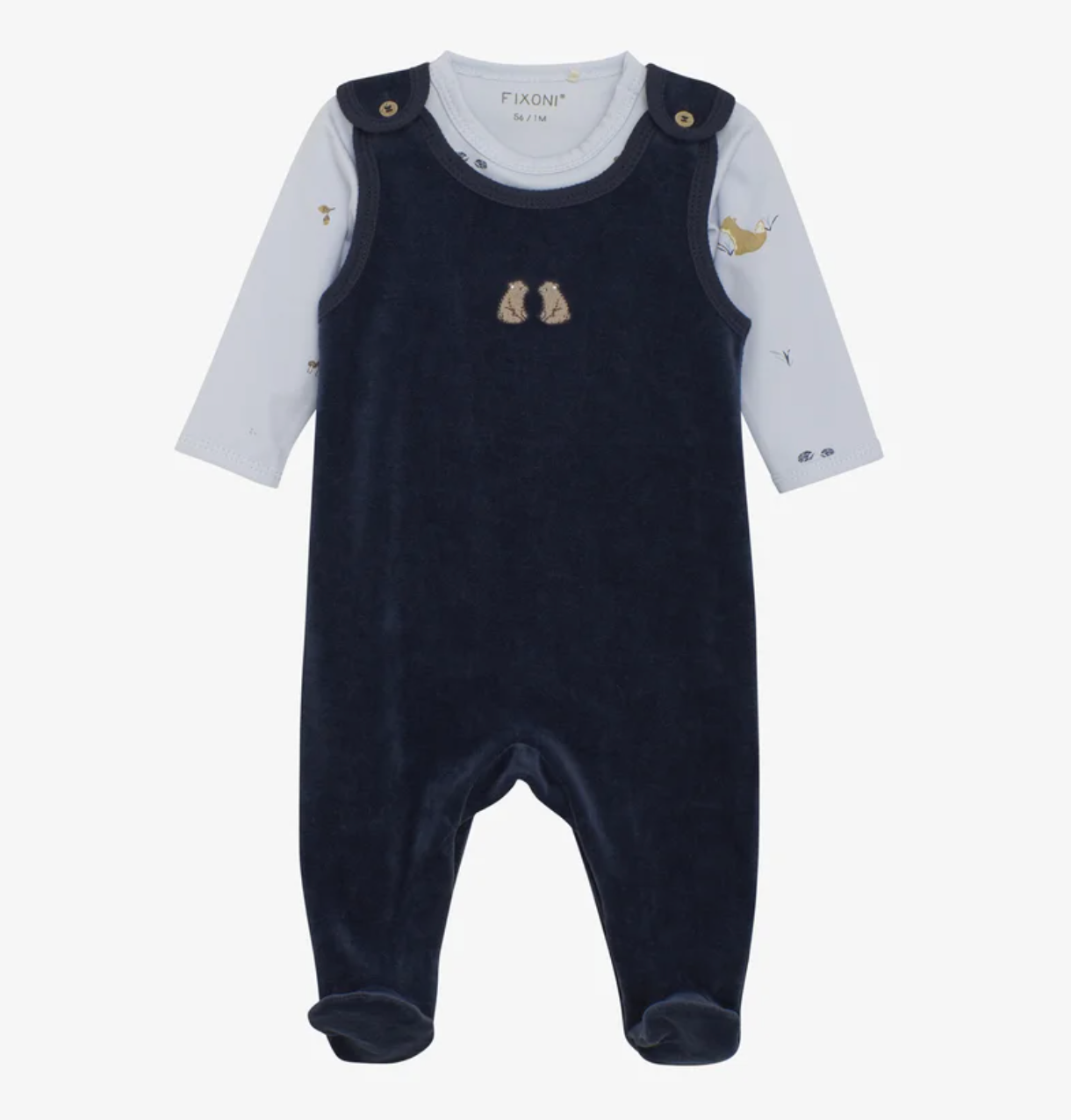 Fixoni Velour Romper in Navy Blazer. Soft and cozy baby one-piece outfit perfect for everyday comfort. Available at Be Charmed.