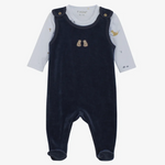Fixoni Velour Romper in Navy Blazer. Soft and cozy baby one-piece outfit perfect for everyday comfort. Available at Be Charmed.