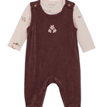 Fixoni Velour Romper Set in Catawba Grape. Soft, cozy baby outfit perfect for cool weather. Available at Be Charmed.