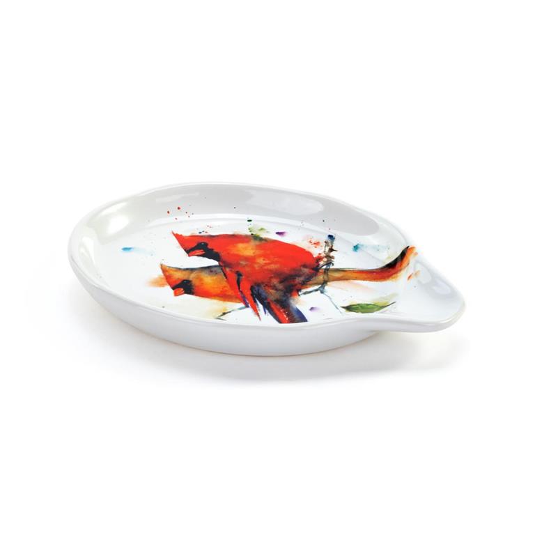 White ceramic dish with a colorful fish design on a white background. Available at Be Charmed