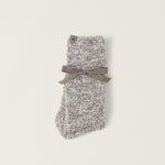 Folded Barefoot Dreams CozyChic heathered crew socks in charcoal and white, plush-knit, water-resistant vinyl, available at Be Charmed.
