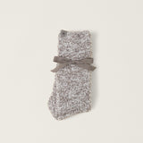 Folded Barefoot Dreams CozyChic heathered crew socks in charcoal and white, plush-knit, water-resistant vinyl, available at Be Charmed.