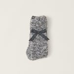 Folded Barefoot Dreams CozyChic heathered crew socks in slate blue and white, ultra‑soft fabric, available at Be Charmed.