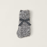 Folded Barefoot Dreams CozyChic heathered crew socks in slate blue and white, ultra‑soft fabric, available at Be Charmed.