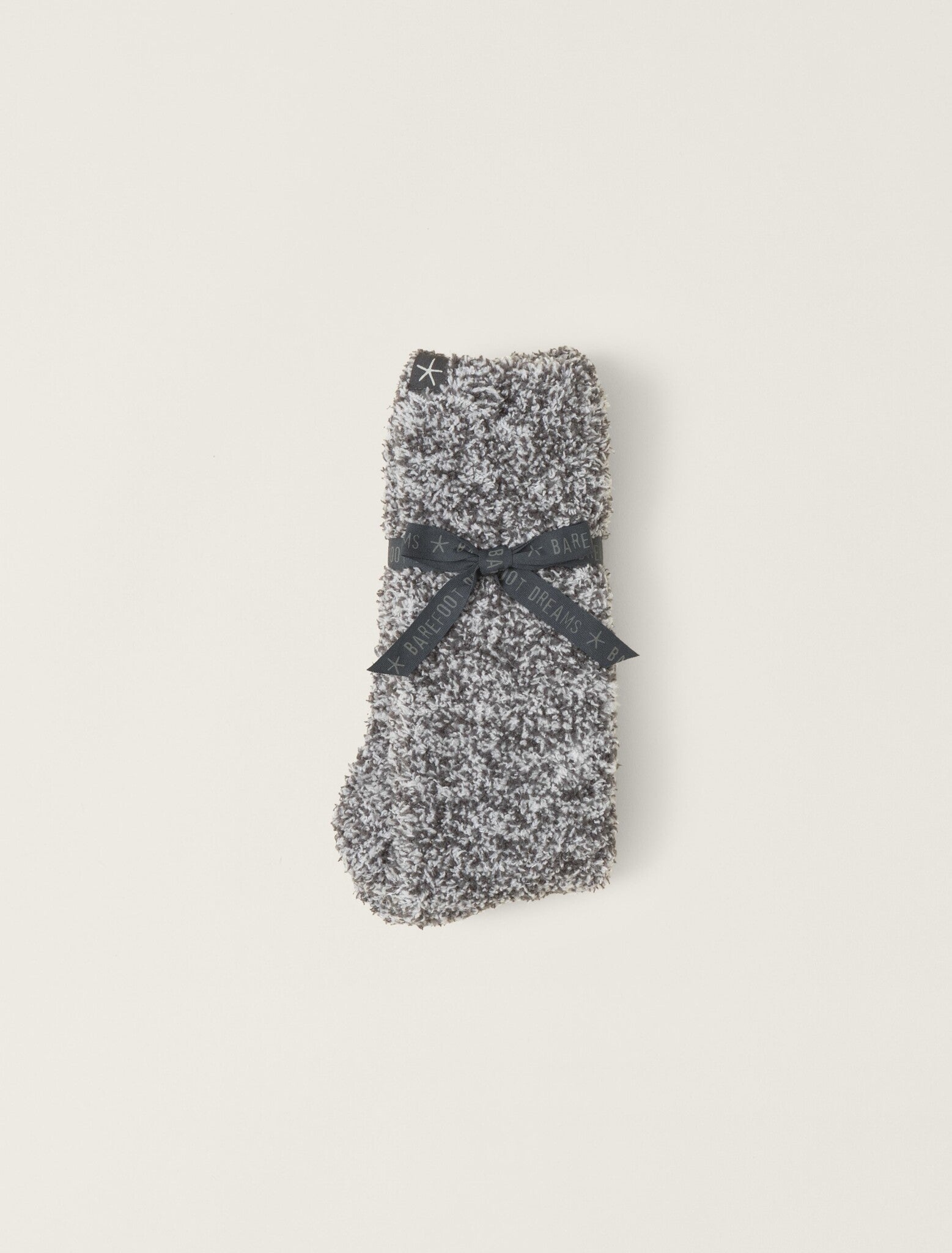 Folded Barefoot Dreams CozyChic heathered crew socks in slate blue and white, ultra‑soft fabric, available at Be Charmed.