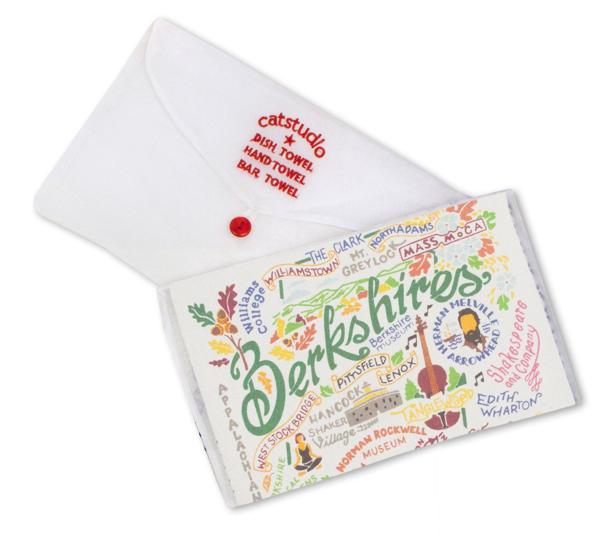 Folded Be Charmed Berkshires dish towel featuring Catstudio’s hand‑drawn map with iconic Berkshires landmarks on 100% hand‑loomed cotton, available at Be Charmed.