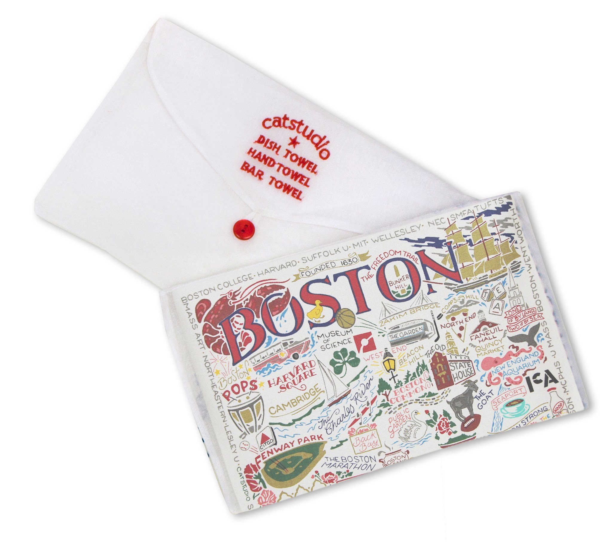 Folded Be Charmed Boston dish towel featuring Catstudio’s iconic skyline illustration—absorbent cotton tea towel perfect for kitchen décor and gifts, available at Be Charmed.