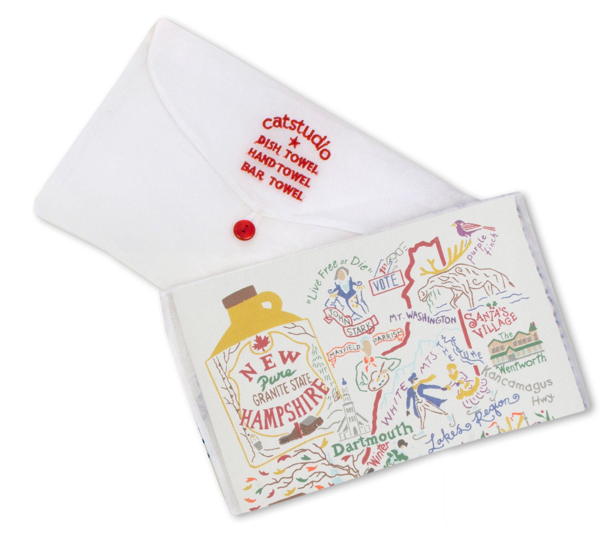 Folded Be Charmed New Hampshire dish towels featuring Catstudio’s charming state map and illustrated icons—absorbent cotton kitchen linen set, available at Be Charmed.