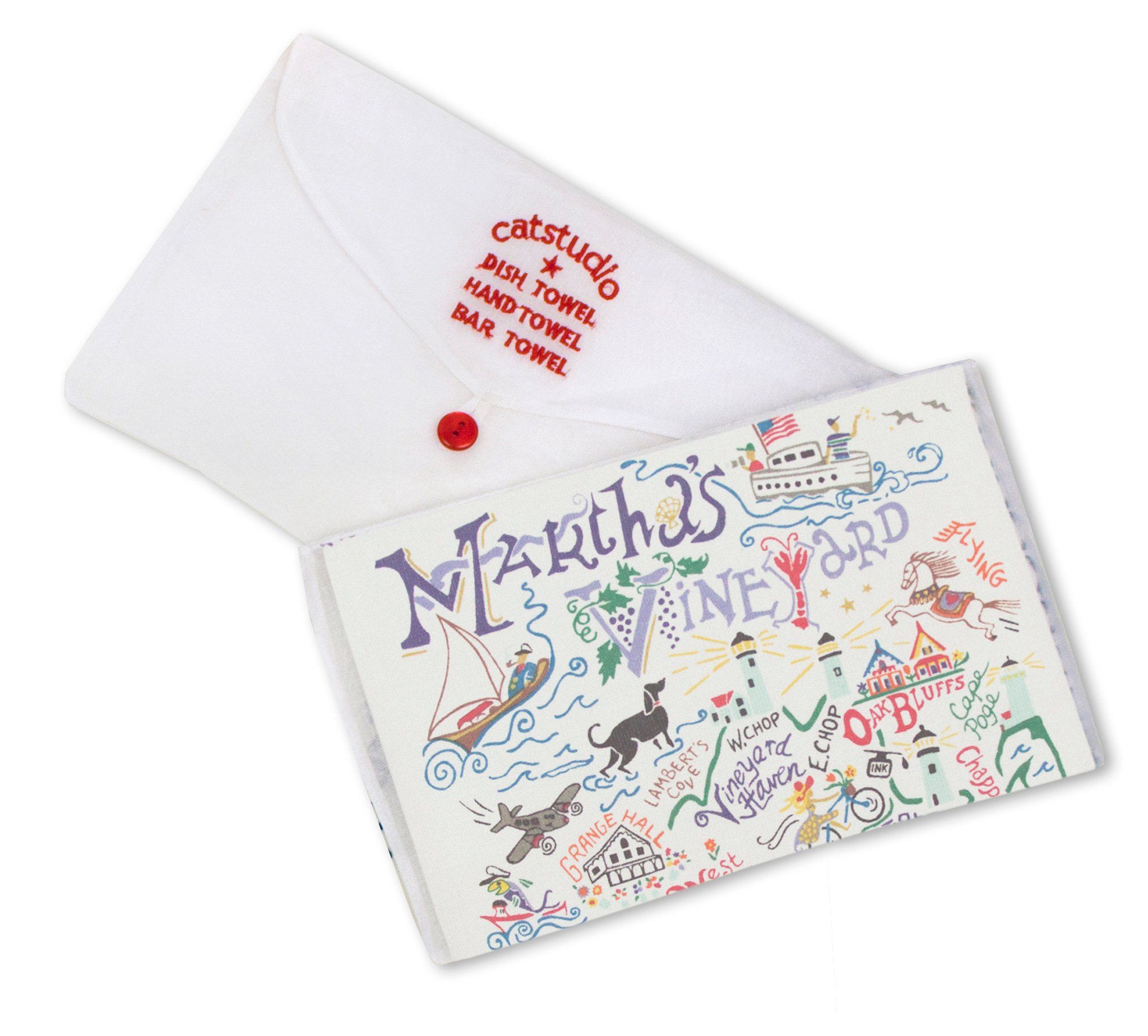 Folded Be Charmed Martha’s Vineyard dish towel featuring Catstudio’s hand-drawn design with iconic island symbols on 100% hand-loomed cotton, available at Be Charmed.