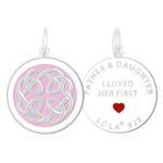 Front & Back of A Lola silver pendant with an enamel inlay design, featuring a geometric pattern and the text 'I loved her first'. Available at Be Charmed