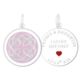 Front & Back of A Lola silver pendant with an enamel inlay design, featuring a geometric pattern and the text 'I loved her first'. Available at Be Charmed