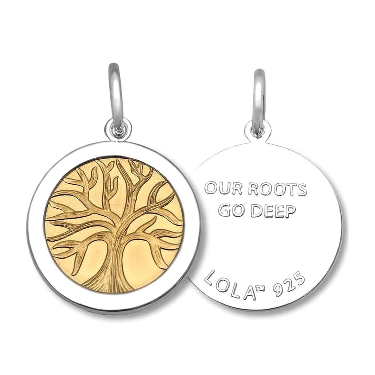 Front & Back of a Lola sterling silver pendant with a gold plated tree of life design and the inscription 'OUR ROOTS GO DEEP' along with a personalized engraving 'LOLA 925'. Available at Be Charmed