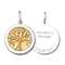 Front & Back of a Lola sterling silver pendant with a gold plated tree of life design and the inscription 'OUR ROOTS GO DEEP' along with a personalized engraving 'LOLA 925'. Available at Be Charmed