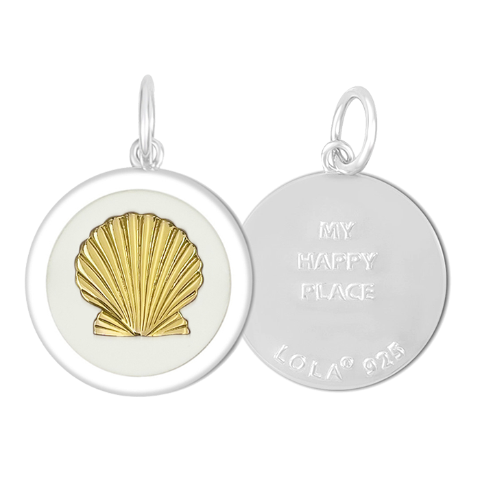 Front & Back of Lola Gold Shell Pendant . Available at Be Charmed.