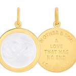 Front & Back of Gold pendant with 'Mother & Son A Love That Has No End' engraving on a white background. Available at Be Charmed