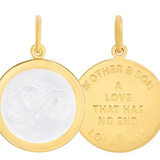 Front & Back of Gold pendant with 'Mother & Son A Love That Has No End' engraving on a white background. Available at Be Charmed
