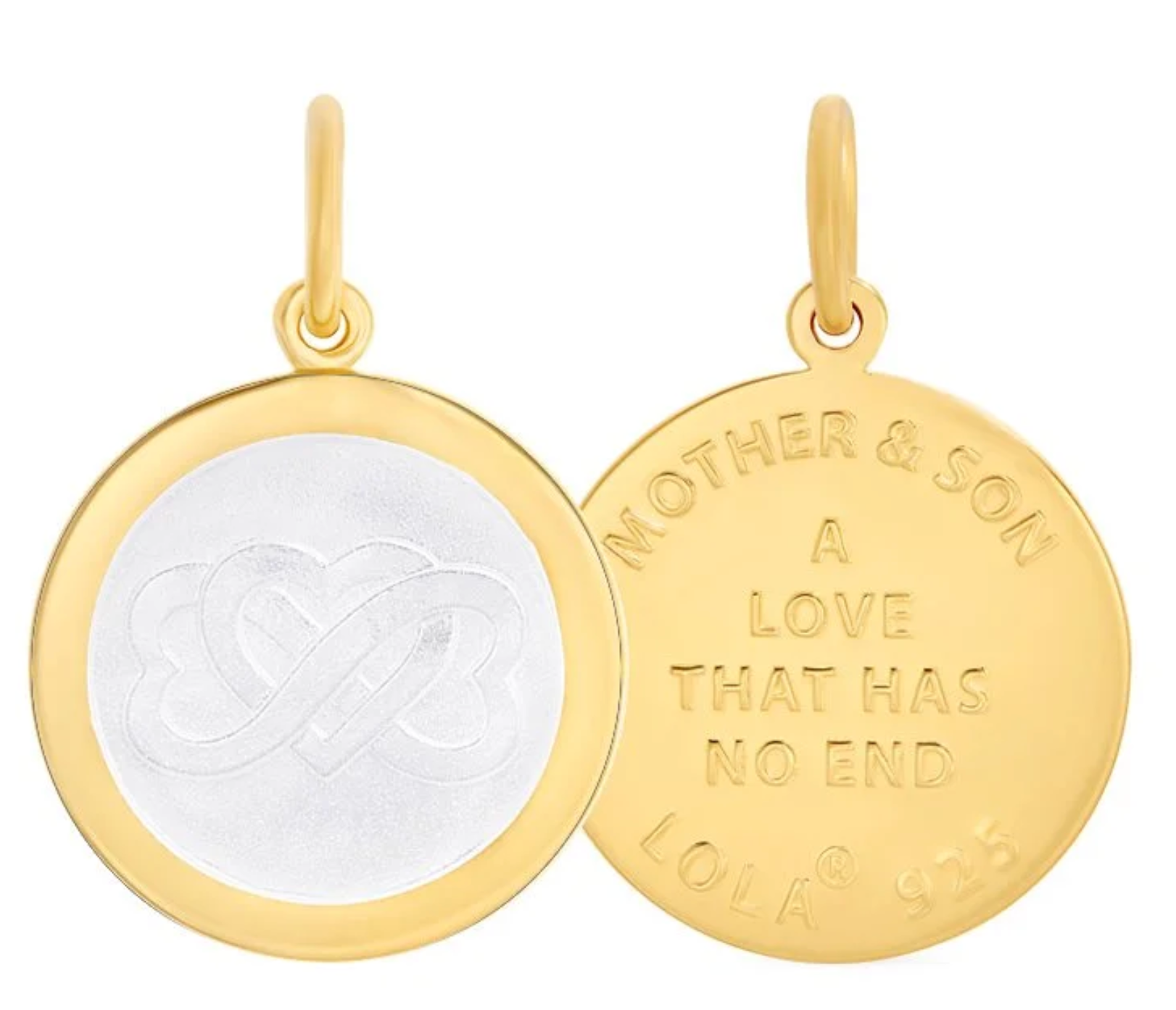 Front & Back of Gold pendant with 'Mother & Son A Love That Has No End' engraving on a white background. Available at Be Charmed