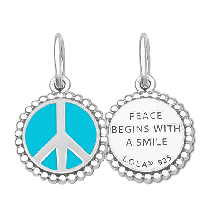 Front & Back of Lola silver peace sign pendant necklace with classic symbolic design, meaningful everyday jewelry, Available at Be Charmed