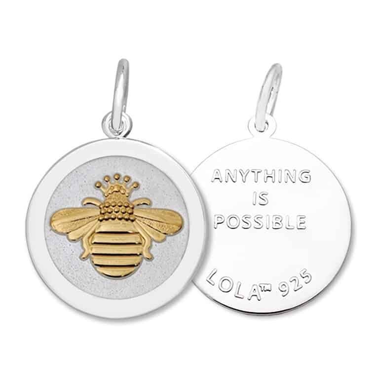 Front & Back of Lola Queen Bee gold pendant symbolizing confidence and individuality with charming bee design, meaningful jewelry gift, Available at Be Charmed