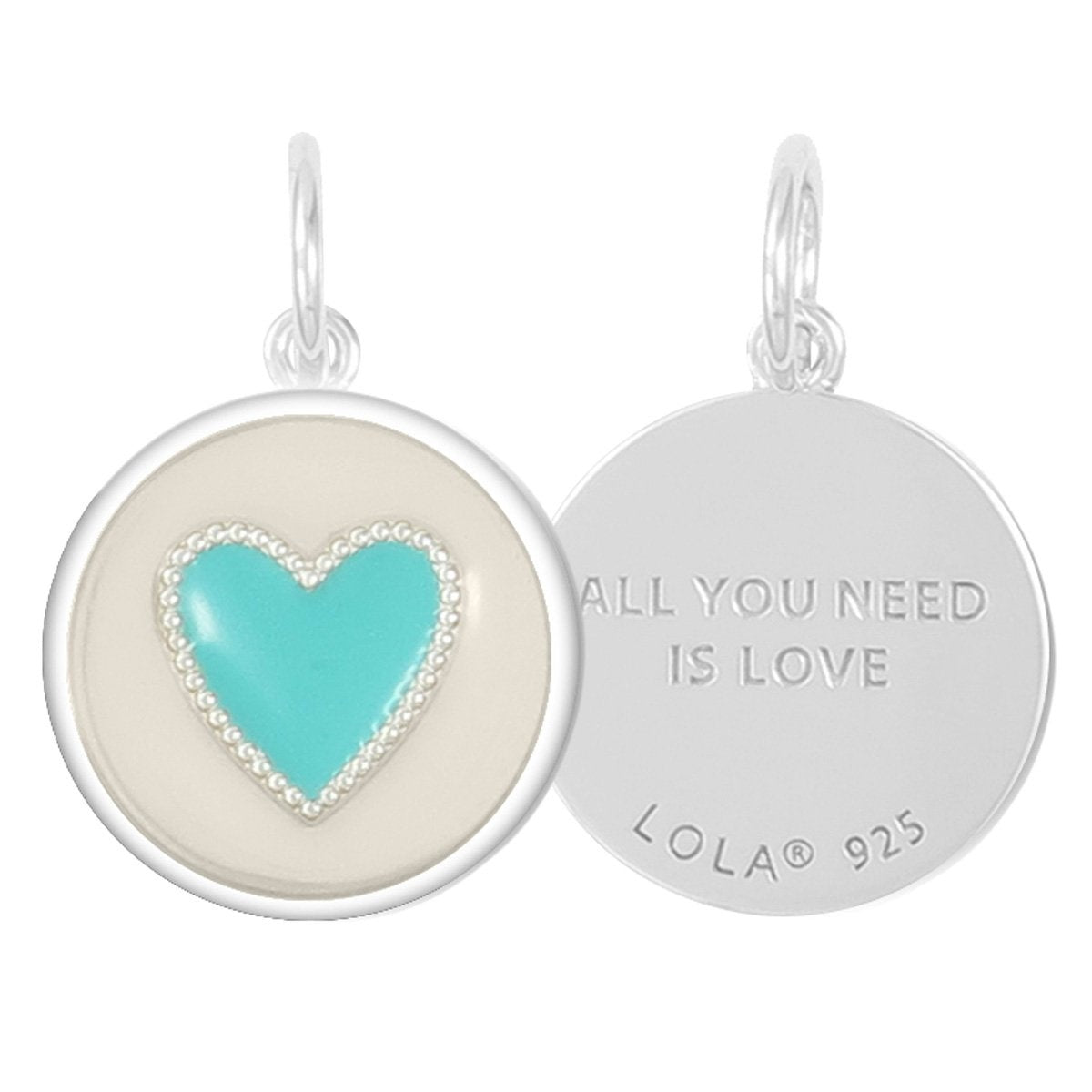 Front & Back of a Lola heart-shaped pendant with a Turquoise and white color scheme. Available at Be Charmed