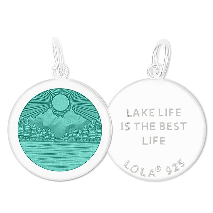 Front and Back of a Silver Lola Lake Life Pendant. Available at be Charmed