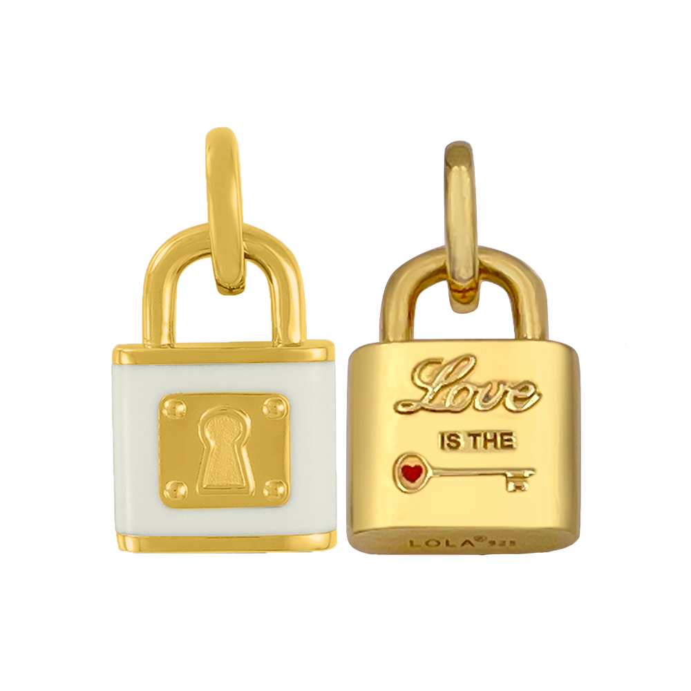 Front & Back of An 18 karat gold plate over sterling silver Love Lock pendant with a geometric design, approximately 20mm tall and 15mm long. Available at Be Charmed