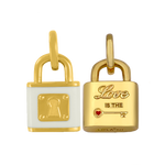 Front & Back of An 18 karat gold plate over sterling silver Love Lock pendant with a geometric design, approximately 20mm tall and 15mm long. Available at Be Charmed
