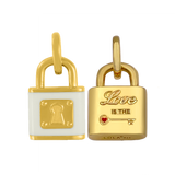 Front & Back of An 18 karat gold plate over sterling silver Love Lock pendant with a geometric design, approximately 20mm tall and 15mm long. Available at Be Charmed