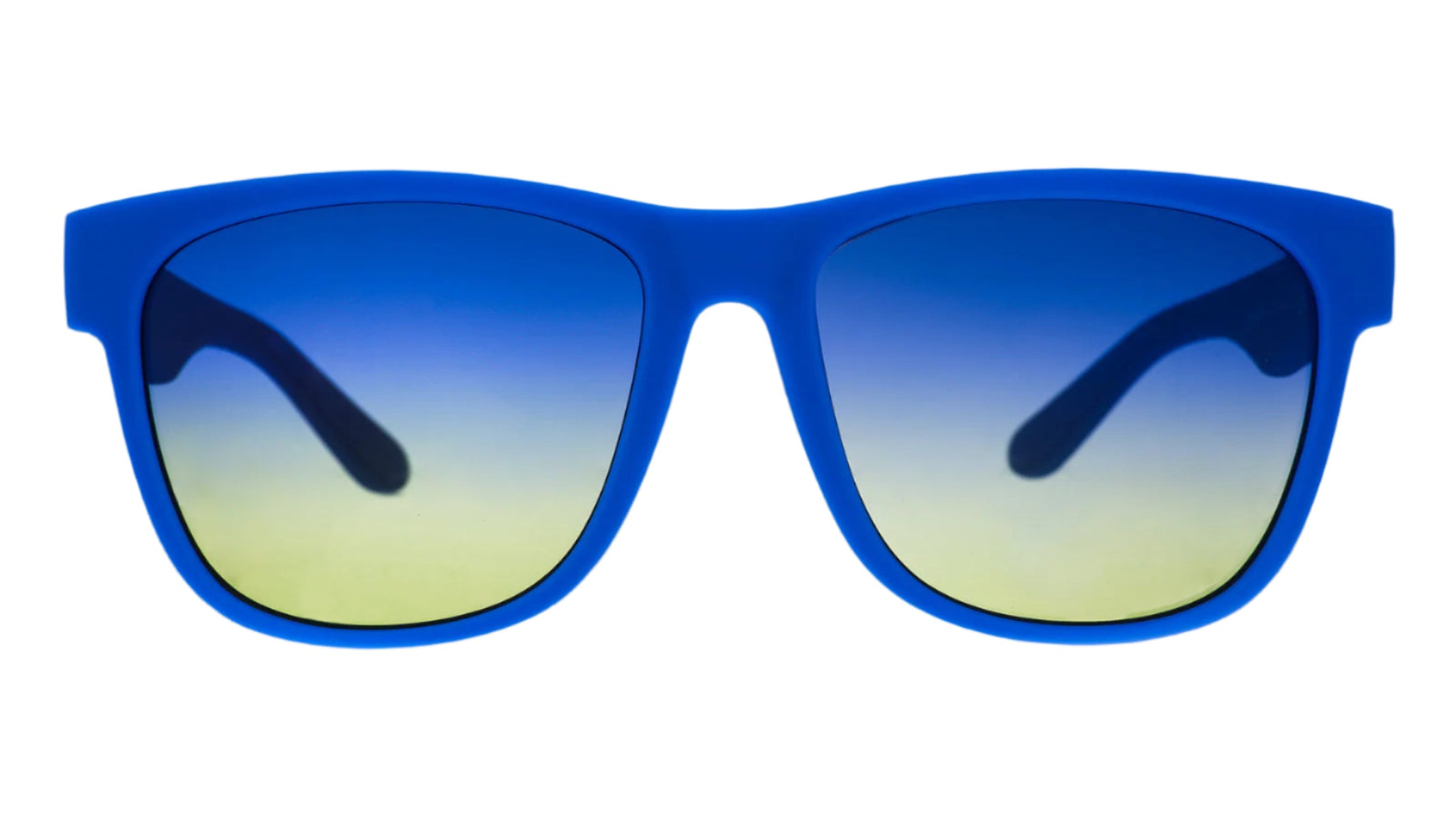  Front view of Goodr Jellyfishing For Compliments Sunglasses with vibrant blue frames and polarized lenses, designed for active comfort and bold beachy style, available at Be Charmed