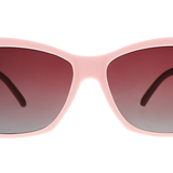 Front view of Goodr Rose Retail Therapy Sunglasses with soft rose-pink frames and polarized lenses, combining chic style and sporty comfort, perfect for shopping days, available at Be Charmed
