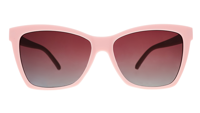 Front view of Goodr Rose Retail Therapy Sunglasses with soft rose-pink frames and polarized lenses, combining chic style and sporty comfort, perfect for shopping days, available at Be Charmed