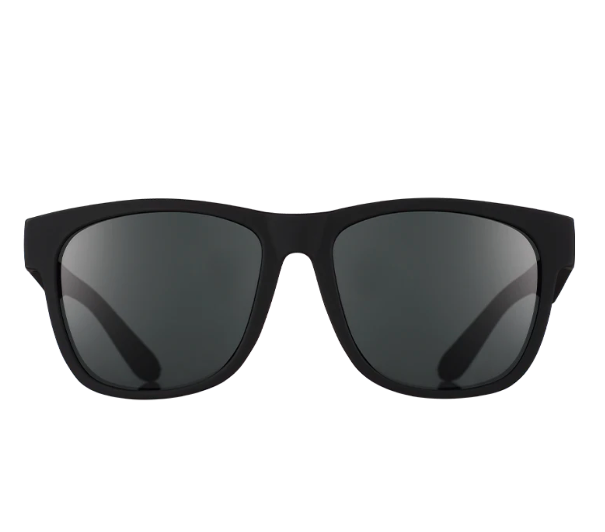 Front view of Goodr Hooked On Onyx sunglasses featuring matte black frames, polarized lenses, and a no-slip, no-bounce design—performance meets style at Be Charmed.