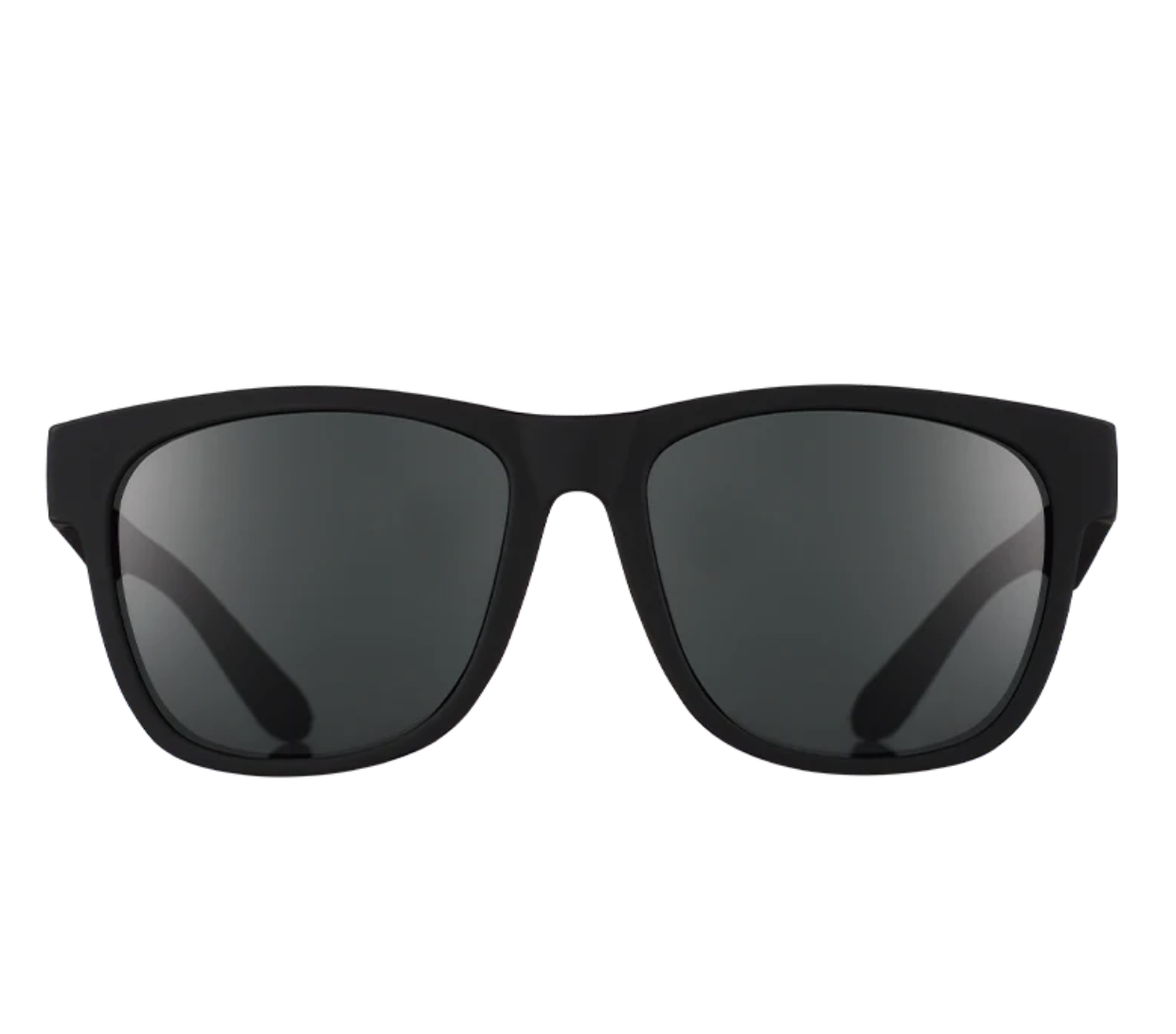 Front view of Goodr Hooked On Onyx sunglasses featuring matte black frames, polarized lenses, and a no-slip, no-bounce design—performance meets style at Be Charmed.