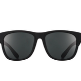 Front view of Goodr Hooked On Onyx sunglasses featuring matte black frames, polarized lenses, and a no-slip, no-bounce design—performance meets style at Be Charmed.
