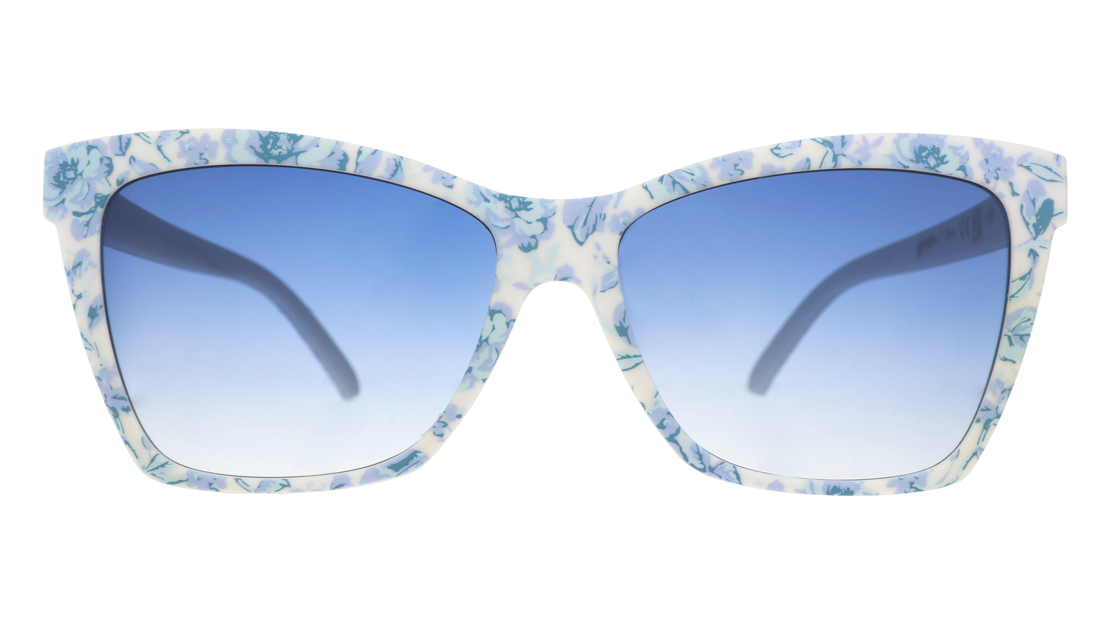 Floral-patterned sunglasses with blue gradient lenses on a white background. Available at Be Charmed
